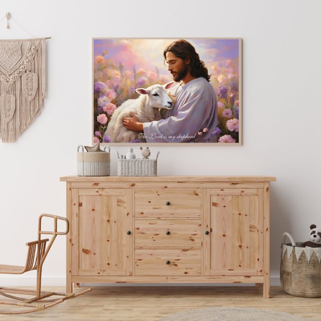 Poster Jésus tenant l'agneau perdu Art chrétien (Religious Poster Jesus Holding the Lamb The Lord is My Shepherd Art)