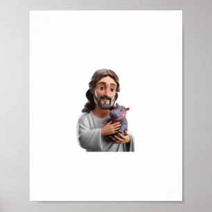 Poster Jésus tenant Moo Deng_ Art Mélange Foi Whimsy