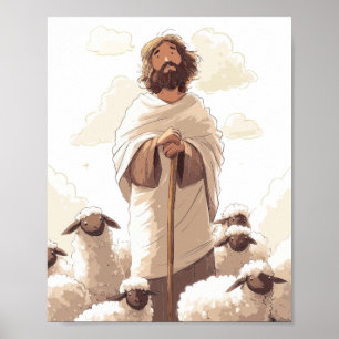 Poster Jésus tenant un bâton de berger entouré d'agneaux