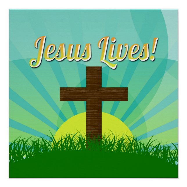 Poster Jésus vit en bleu/Brown Croix de Pâques chrétienne (Devant)
