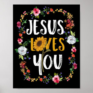 Poster Jésus Vous Aime Avec Frame Fleur Ronde Christian