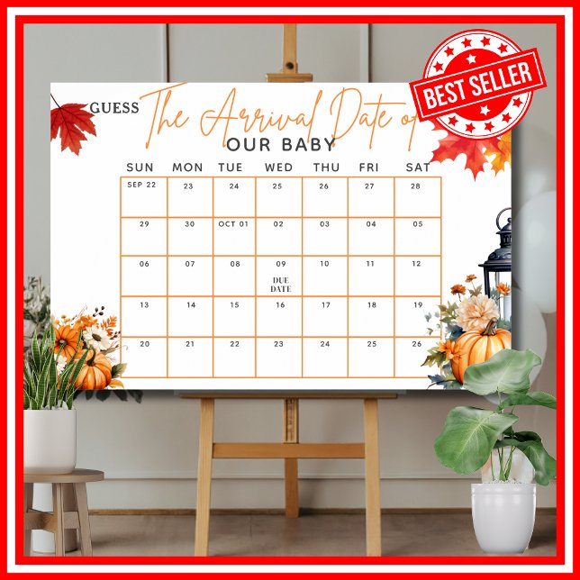 Poster Jeu de Baby Shower DEVINEZ LA DATE D'ACCouchement  (GUESS THE ARRIVAL DUE DATE Baby Shower Game with Answers A Little Pumpkin is on the Way Theme)