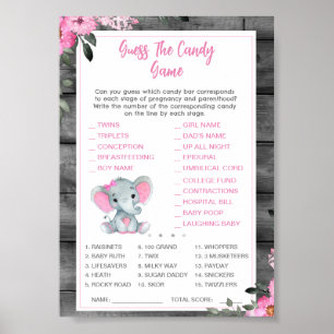 Poster Jeu de devinette des bonbons Baby Shower Éléphant 