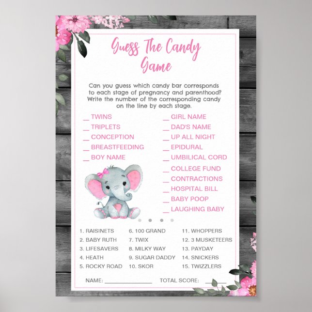 Poster Jeu de devinette des bonbons Baby Shower Éléphant  (Devant)