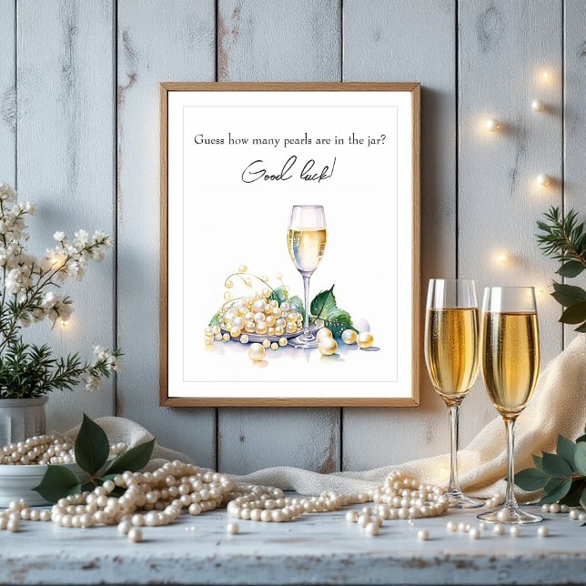 Poster Jeu de devinette Mariage avec Perles & Prosecco (Pearls & Prosecco Guessing Game Bridal Shower Poster)
