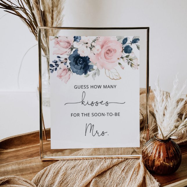 Poster Jeu de mariage rose floral navy combien de baisers (Créateur téléchargé)