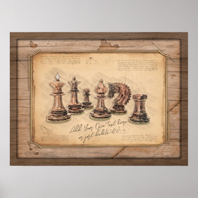 Poster Jeu d'échecs sur Grunge Joueur en bois (Devant)
