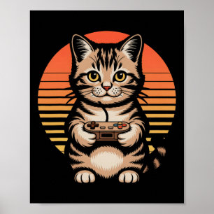Poster Jeu Rétro de Chat au Coucher du Soleil avec Manett