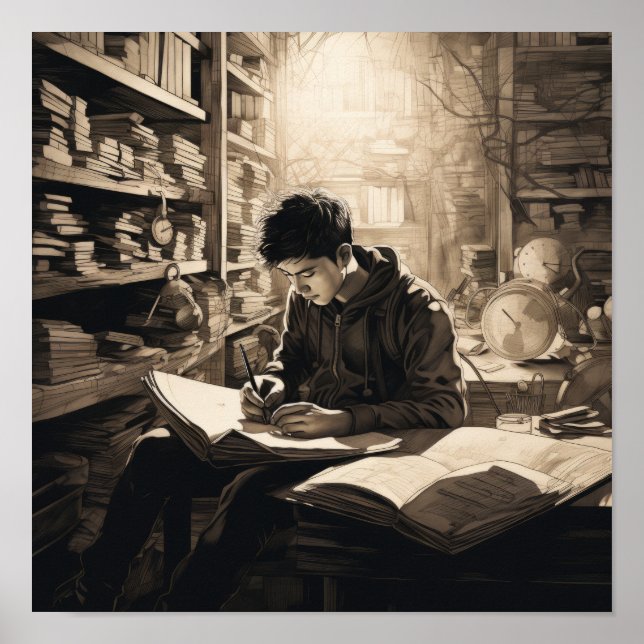 Poster Jeune étudiant immergé dans la bibliothèque : Insp (Devant)