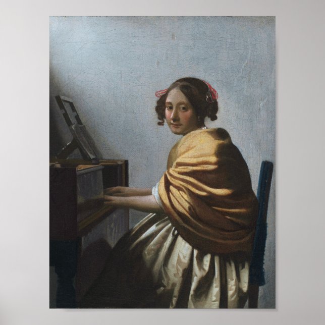 Poster Jeune femme assise à une virginale — Vermeer (Devant)
