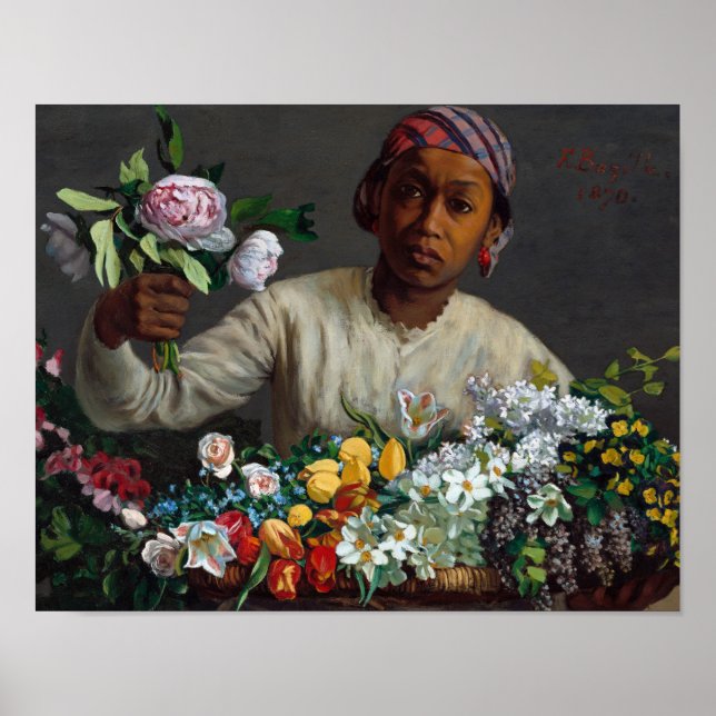 Poster Jeune femme avec des pivoines par Frederic Bazille (Devant)