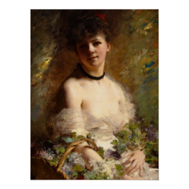 Poster Jeune femme avec panier à fleurs (Devant)