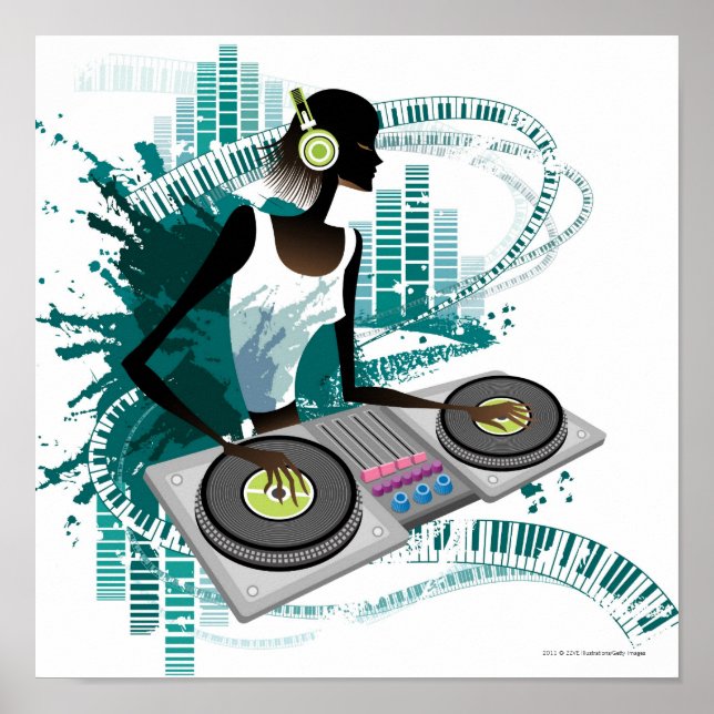 Poster Jeune femme Dj Utiliser le Tourne-disque dans la d (Devant)