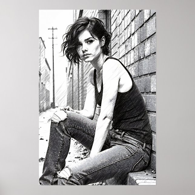 Poster Jeune femme grunge dans les brumes  (Devant)