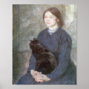 Poster Jeune femme tenant un chat noir - Gwen John