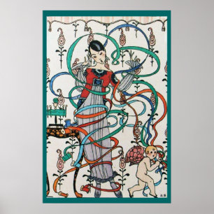 POSTER JEUNE FILLE AVEC RUBAN COLORÉ TOURNE ET CUPIDON