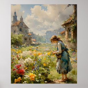 Poster Jeune fille dans un jardin fleuri   Impressionnist