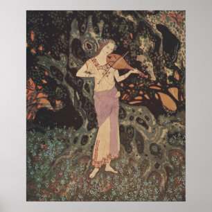 Poster Jeune fille de la forêt sombre et lunatique jouant