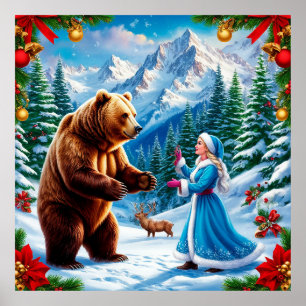 Poster Jeune fille de neige scène hivernale enchanteresse