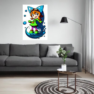 Poster Jeune fille en vêtements verts ruban bleu   Art AI