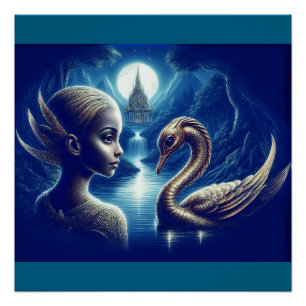 Poster Jeune Fille Et Cygne Paysage Étonnant