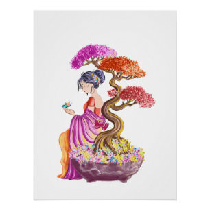 Poster Jeune fille et son arbre japonnais géant.