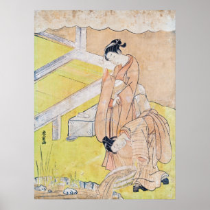 Poster Jeune fille jette le poisson rouge dans l'étang po