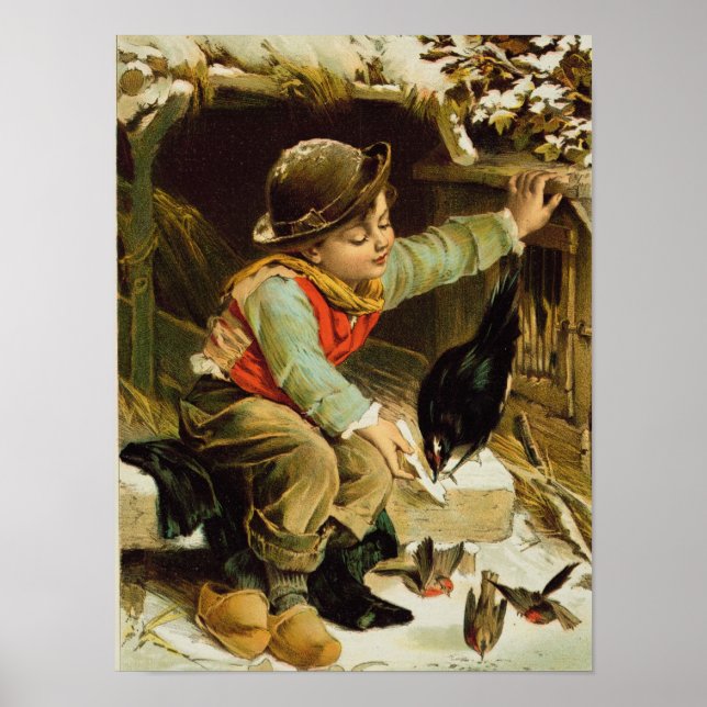 Poster Jeune garçon avec des oiseaux dans la neige (Devant)