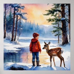 Poster Jeune garçon avec un cerf fauve