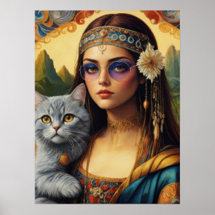 Poster Jeune Hippie Mona Lisa et son chat gris