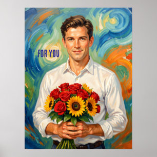 Poster Jeune Homme avec Bouquet Style Rétro Personnalisé