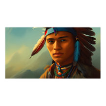Jeune homme indien américain avec des plumes Vinta