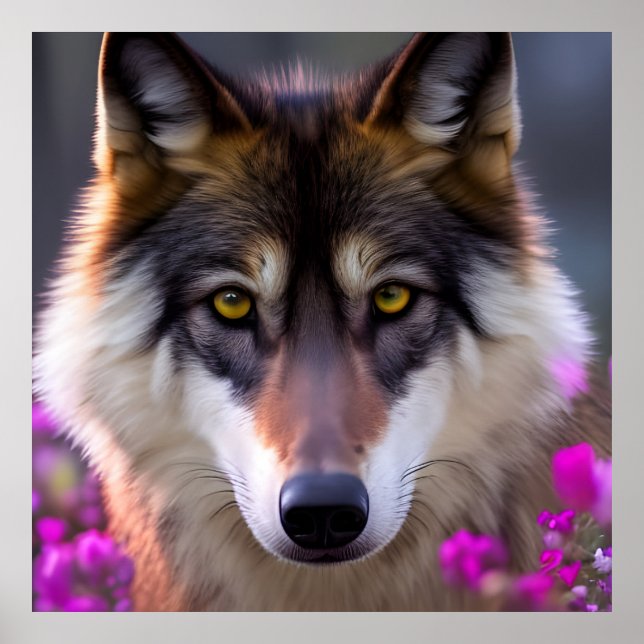 Poster Jeune loup dans l'affiche des fleurs rose fushia (Devant)
