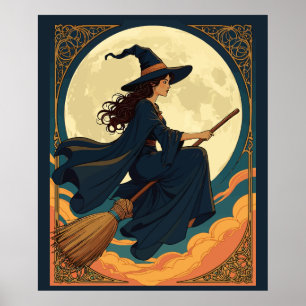 Poster Jeune Sorcière Siège Astride Un Besom Style Art No