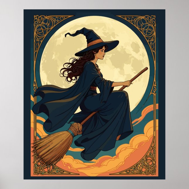 Poster Jeune Sorcière Siège Astride Un Besom Style Art No (Devant)