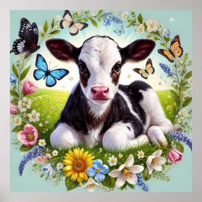 Poster Jeune veau avec couronne de fleurs et papillons (Devant)