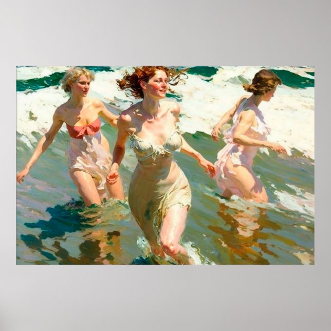 Poster Jeunes femmes jouant dans le Surf pendant une jour (Devant)