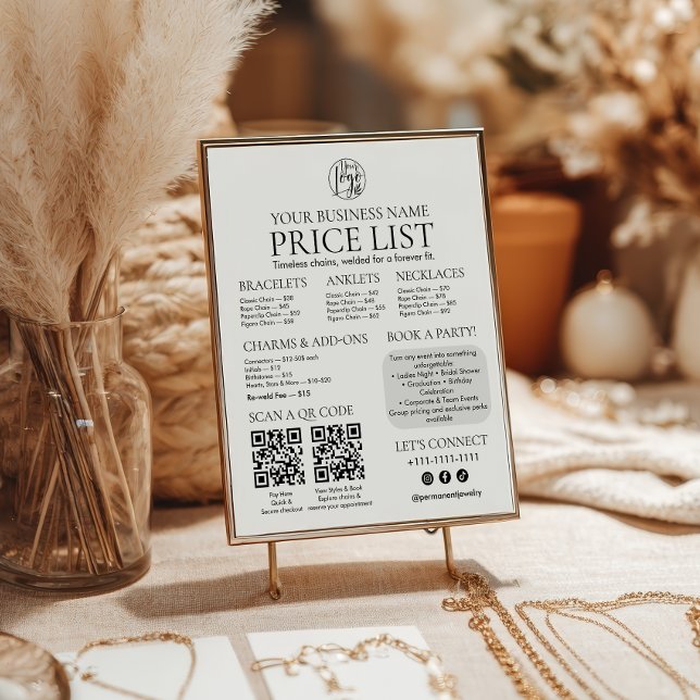 Poster Joaillerie permanente Afficher le tarif Code QR Me (Permanent Jewelry Display Price List QR code Menu Poster)