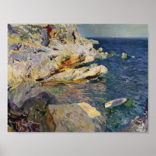 Poster Joaquín Sorolla - Rochers et bateau blanc, Javea