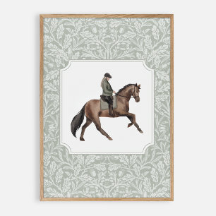 Poster Jockey aquarelle sur un cheval brun, vintage