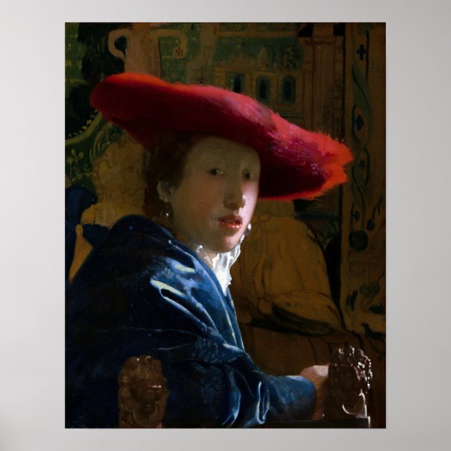 Poster Johannes Vermeer - Fille au chapeau rouge (Devant)