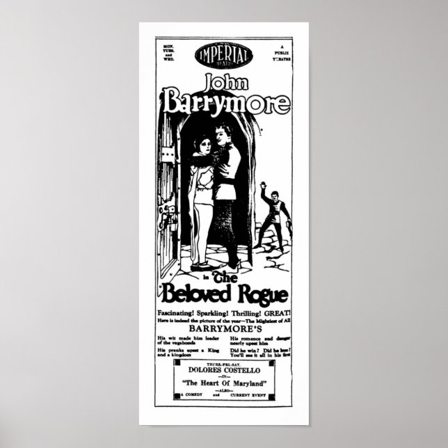 Poster John Barrymore BELOVED ROGUE Annonce vintage (Devant)