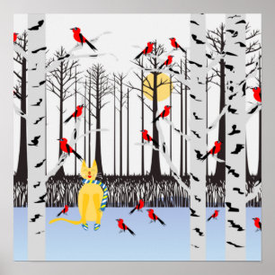 Poster Joie d'hiver - Chat avec foulard Birch Trees Cardi