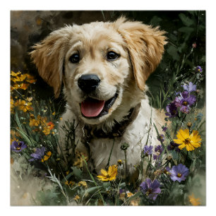 Poster Joie Fleur Sauvage Golden Puppy