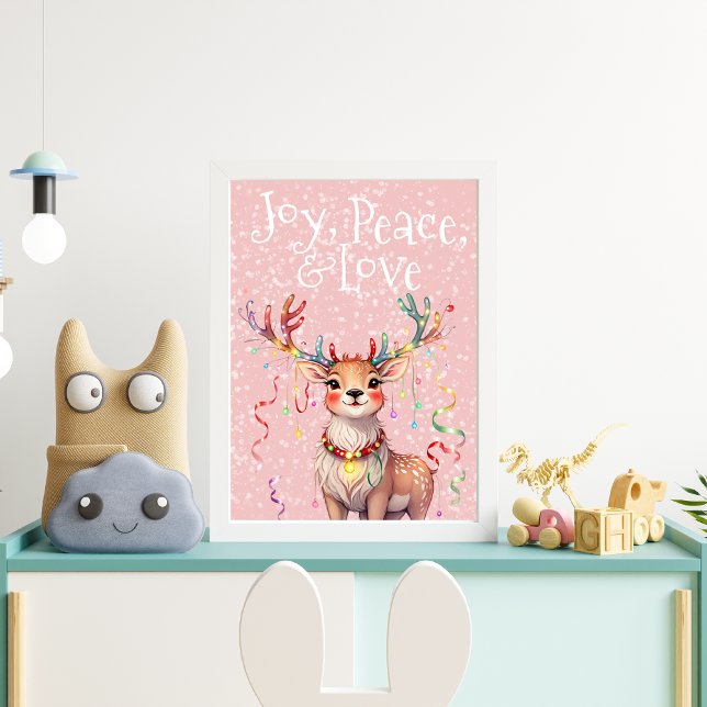 Poster Joie Paix Amour Cute Reindeer et lumières de Noël (Cute Reindeer and Christmas Lights Poster)