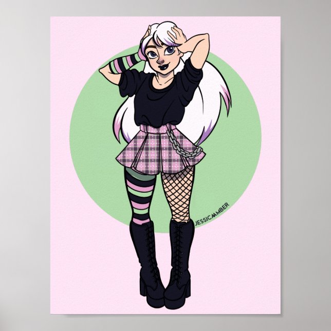 Poster Joli Ado Punk Girl rose vert manga illustration (Devant)