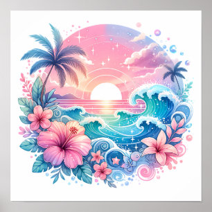 Poster Joli Art côtier rose et bleu