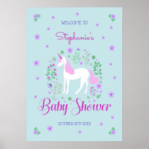 Poster Joli Baby shower Aqua rose Unicorne Personnalisé