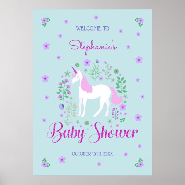 Poster Joli Baby shower Aqua rose Unicorne Personnalisé (Devant)