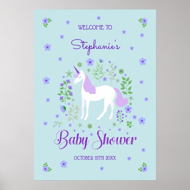 Poster Joli Baby shower d'Aqua violet Unicorne (Devant)